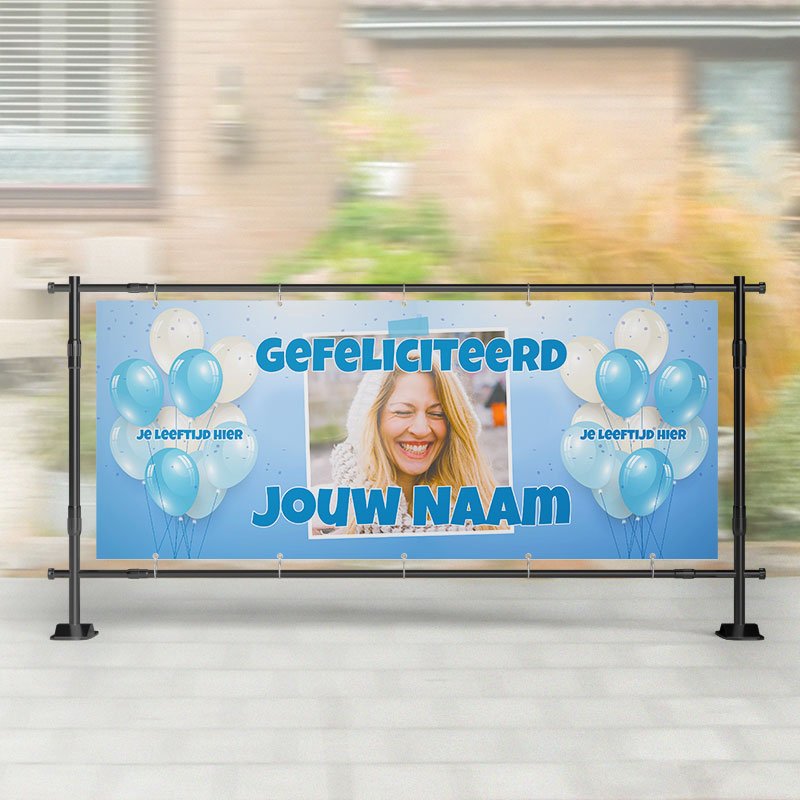 Spandoek Verjaardag- Spandoek ballonnen met naam - leeftijd - Blauw – Kleurmedia®