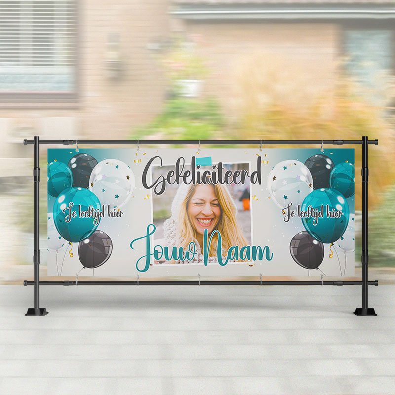 Spandoek Verjaardag- Spandoek ballonnen met naam - leeftijd - blauw – Kleurmedia®