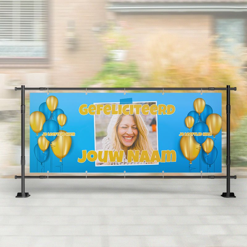 Spandoek Verjaardag- Spandoek ballonnen met naam - leeftijd - blauw geel – Kleurmedia®