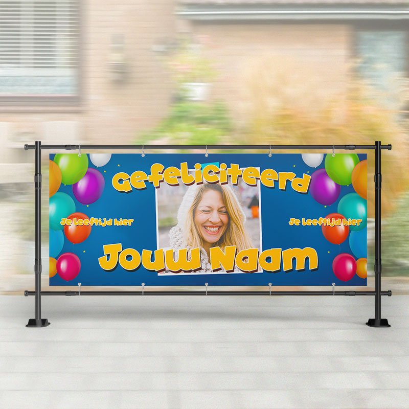 Spandoek Verjaardag- Spandoek ballonnen met naam - leeftijd - Feestje – Kleurmedia®