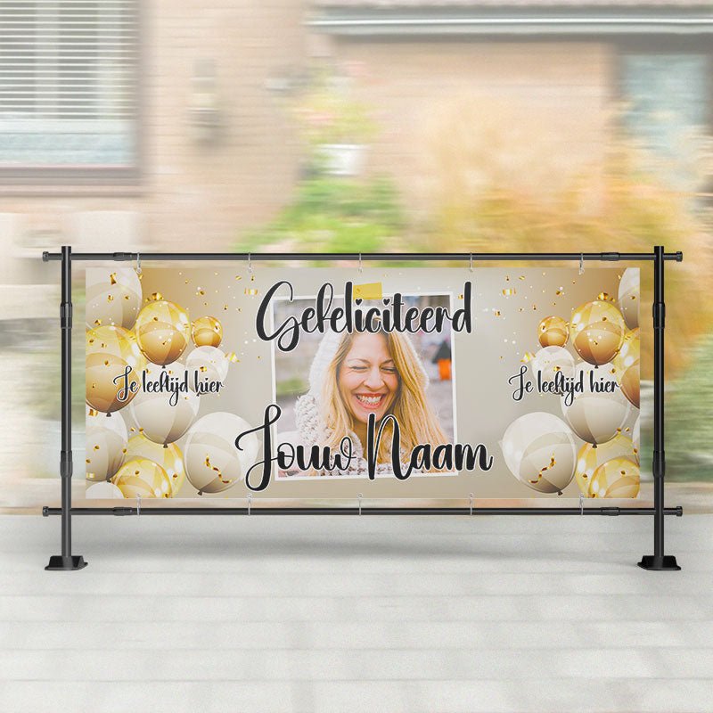 Spandoek Verjaardag- Spandoek ballonnen met naam - leeftijd - foto – Kleurmedia®