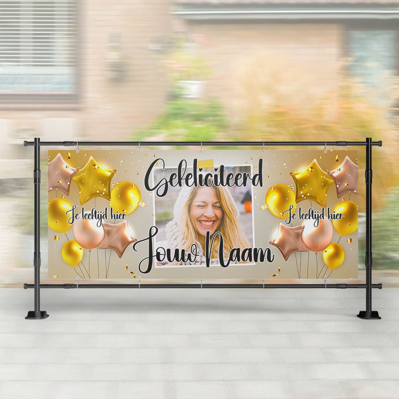 Spandoek Verjaardag- Spandoek ballonnen met naam - leeftijd - foto – Kleurmedia®