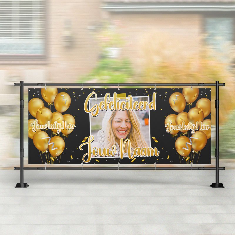 Spandoek Verjaardag- Spandoek ballonnen met naam - leeftijd - Goud Zwart – Kleurmedia®