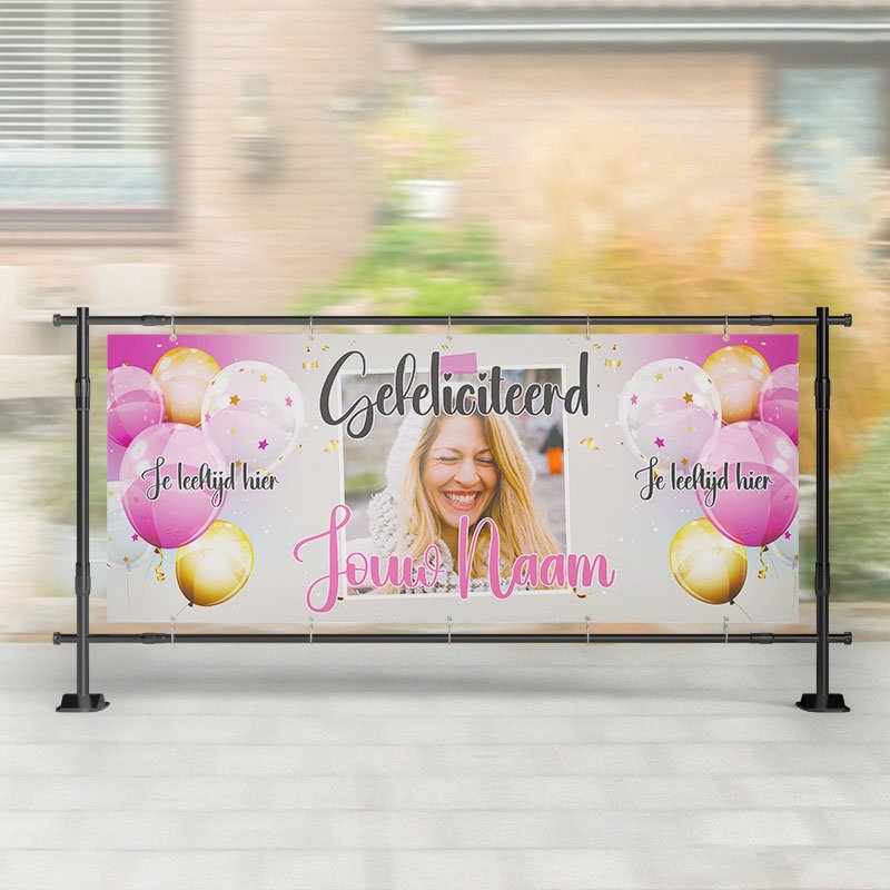 Spandoek Verjaardag- Spandoek ballonnen met naam - leeftijd - Licht roze – Kleurmedia®