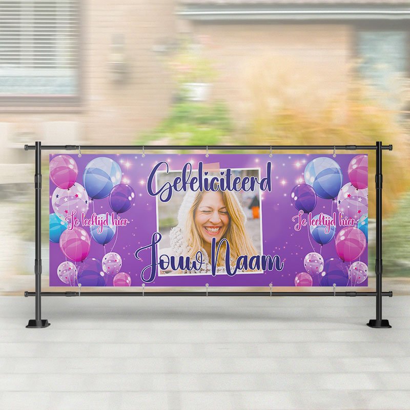 Spandoek Verjaardag- Spandoek ballonnen met naam - leeftijd - Paars – Kleurmedia®