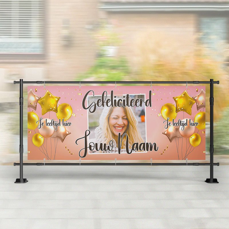 Spandoek Verjaardag- Spandoek ballonnen met naam - leeftijd - Pink – Kleurmedia®