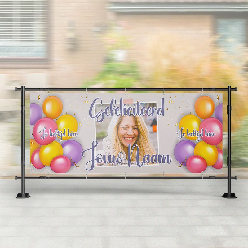 Spandoek Verjaardag- Spandoek ballonnen met naam - leeftijd - Vrolijk – Kleurmedia®