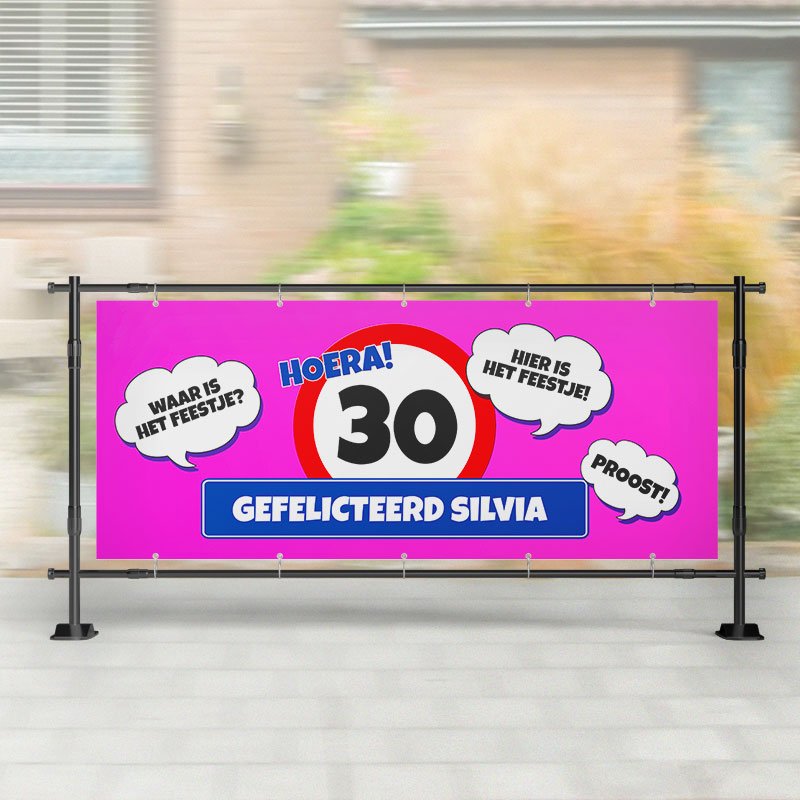 Spandoek Verjaardag | Verkeersbord (alle leeftijden) Roze – Kleurmedia®